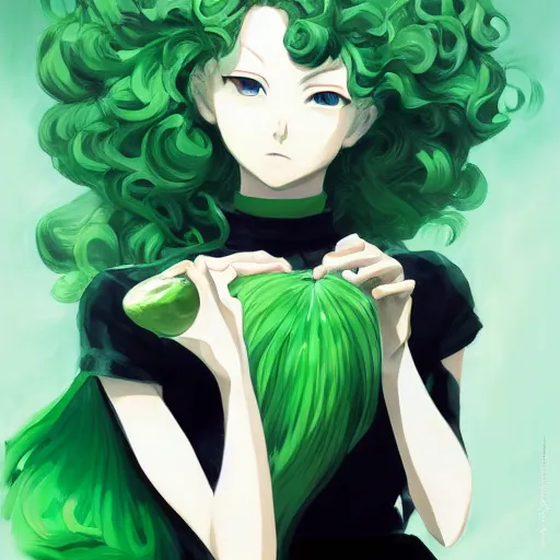 Image similar to painting of tatsumaki from one punch man, green wavy hair, black dress, cool color palette, refreshing, soft lighting, fine details, digital painting, pretty face, light and shadow effects, dynamic pose, by cushart krenz, by makoto shinkai