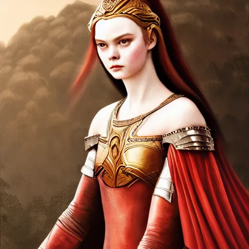 Prompt: head and shoulders portrait of modern darna, elle fanning as a knight from an edmund leighton painting, intricate, elegant, dark vibes, highly detailed, digital painting, artstation, glamor pose, concept art, smooth, sharp focus, illustration, art by wlop, mars ravelo and greg rutkowski