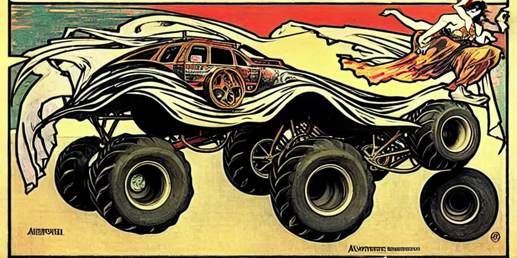 Image similar to monster truck rally, Alphonse Mucha