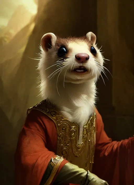 Image similar to a beautiful close - up shot from a fantasy film of an anthropomorphic ferret with golden eyes wearing a loose tunic. joseph ducreux, greg rutkowski.