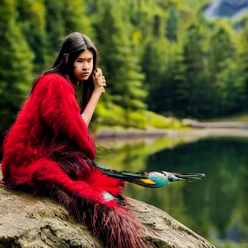 Image similar to Harpy, young woman, red feathered wings, bird legs, wearing Inka clothes, sad expression, sitting at a pond, mountainous area, trees in the background, comic style