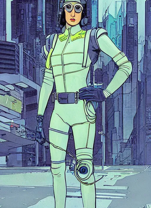 Prompt: cyberpunk traffic cop in reflective gear. dystopian. portrait by mœbius and will eisner and gil elvgren and pixar. realistic proportions. cyberpunk 2 0 7 7, apex, blade runner 2 0 4 9 concept art. cel shading. attractive face. thick lines.