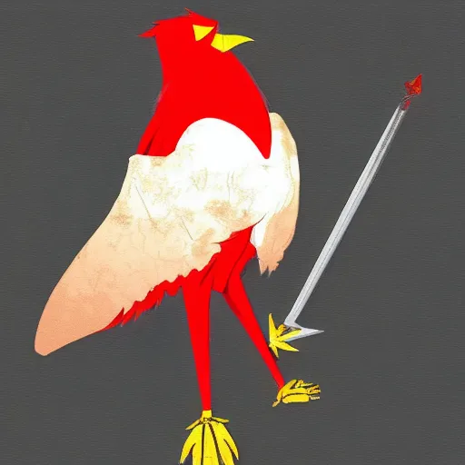 Image similar to avian leader in a army combat uniform created entirely of feathers holding a rapier with a bright red beak medieval theme rito breath of the wild, concept art, artistic