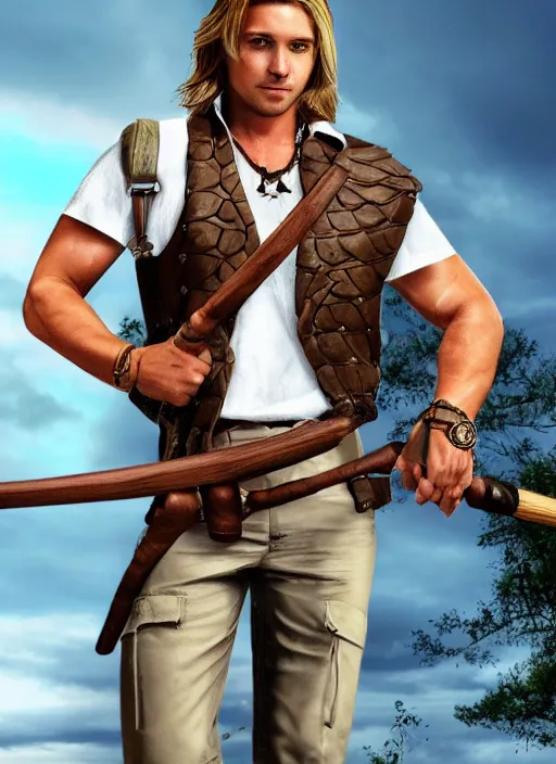 Prompt: a male ranger, dnd, wearing a leather vest and white linen pants, chiseled good looks, long swept back blond hair, puka shell necklace, with a bongo drum and nunchucks, digital art