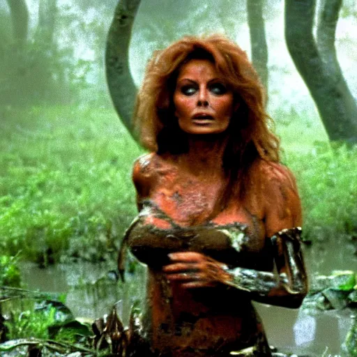 Image similar to cinematic still of sophia loren, covered in mud and watching a predator in a swamp in 1 9 8 7 movie predator, hd, 4 k