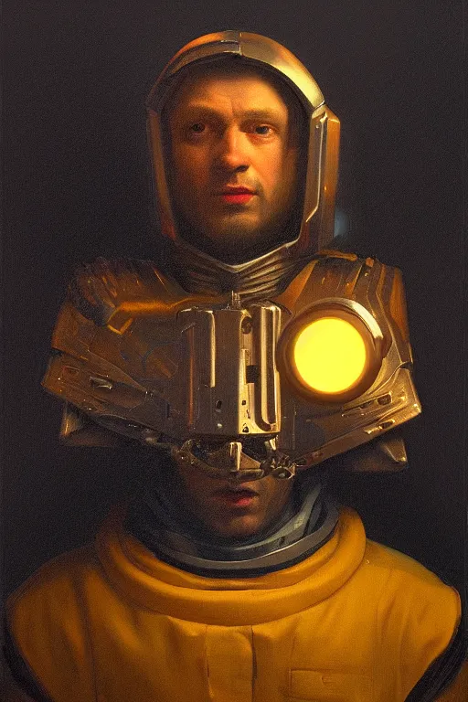 Prompt: portrait of a man with a biomechanic armor and neon light by Vermeer, dramatic lighting, highly detailed, trending on artstation