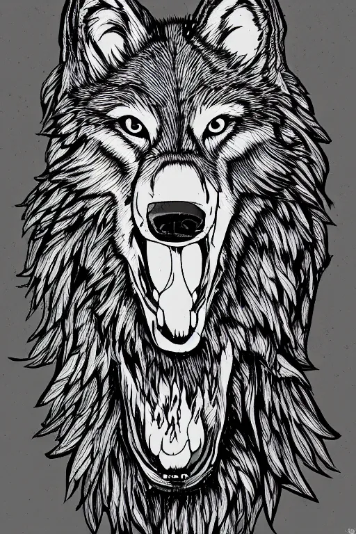 Prompt: Psychotic crisis portrait of a wolf head. very detailed, lineart