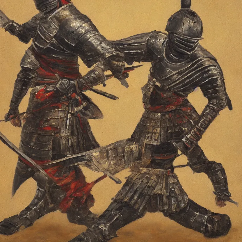 Image similar to a oil painting of an Knight/samurai in a battle ready pose detailed realistic High Resolution HD 8k in color
