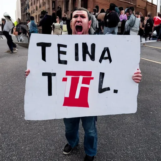 Prompt: a crazy protester holding a sign that says 😡