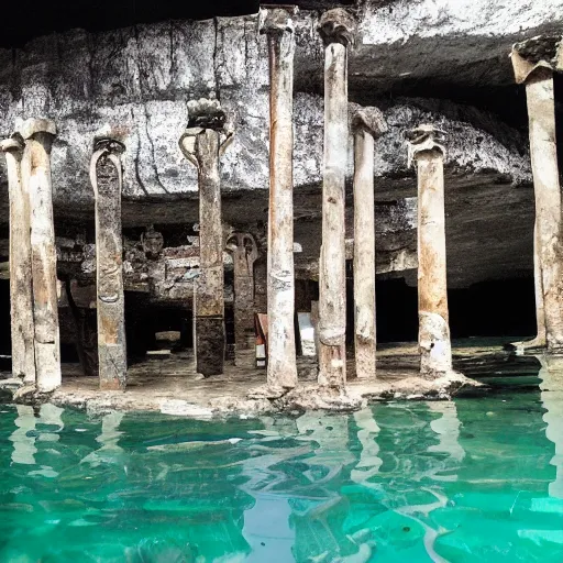Prompt: cenotes with geometric altar made of bones in the water