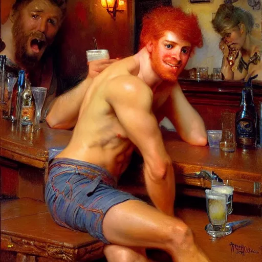 Image similar to attractive mike, wearing pants, with ginger hair with attractive tyler with brunet hair, drinking their hearts out, in a pub, no shirt. very defined and highly detailed painting by gaston bussiere, j. c. leyendecker, craig mullins 8 k