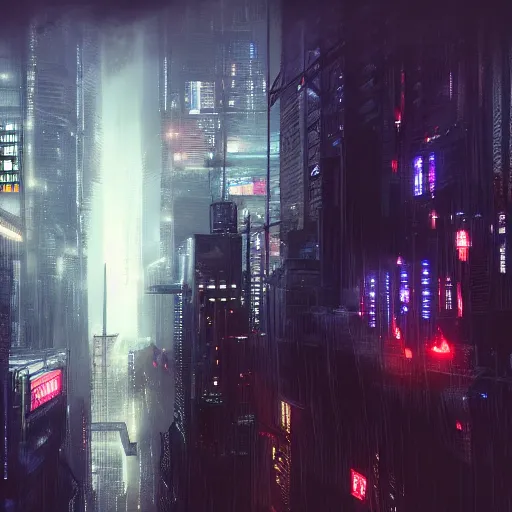 Image similar to cyberpunk shanghai in the night seen from below, cityscape, mist, rain, artstation, greg rutkowski, hq
