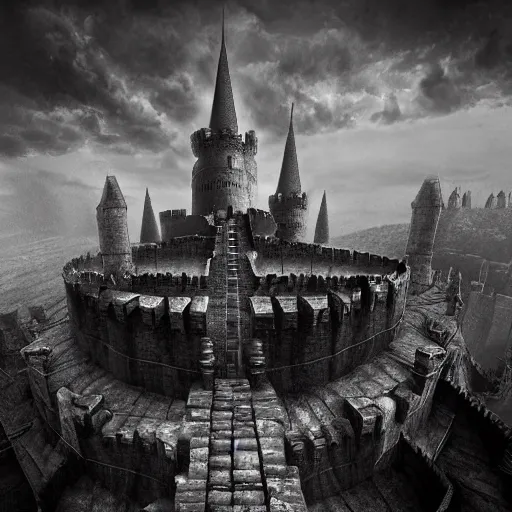 Prompt: an ultra detailed black and white matte painting of the fortress of the evil patriarch, massive castle walls inside of a massive city with one impossibly tall black spire in the center that touches the clouds, ultrawide lense, aerial photography, twilight, artstation, volumetric lighting, exquisite detail, octane render, 8 k postprocessing, art by m. c. escher