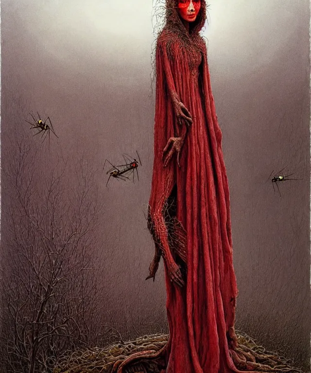 Prompt: a detailed mosquitowoman stands among the hills. wearing a ripped mantle, robe. perfect faces, gnats, extremely high details, realistic, fantasy art, solo, masterpiece, art by hermann nitsch, zdzislaw beksinski, dariusz zawadzki, giger, dragan bibin