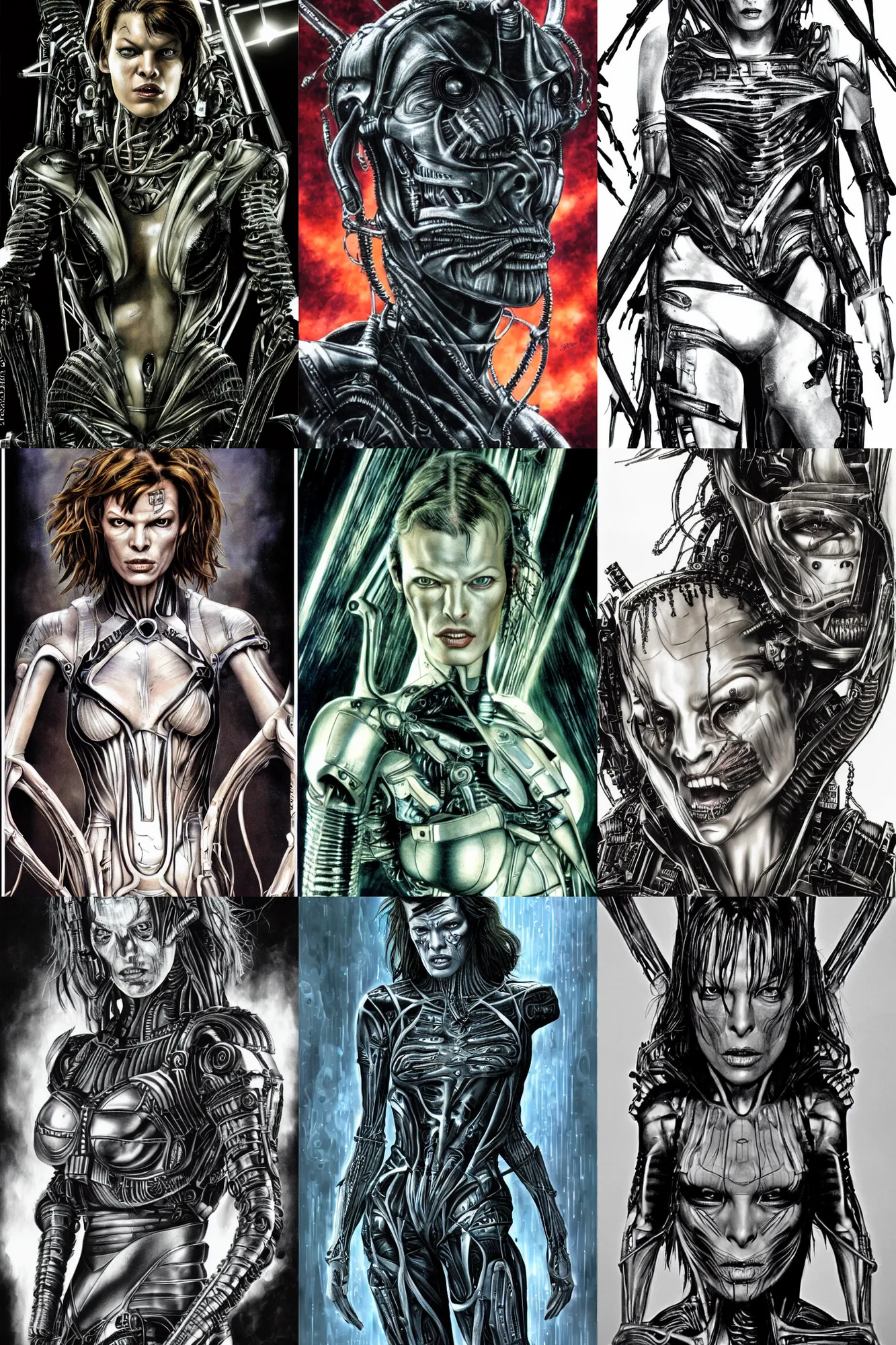 Prompt: photo of Milla Jovovich as a Borg by Simon Bisley, in the style of HR Giger, highly detailed, 8k, medium shot, f8