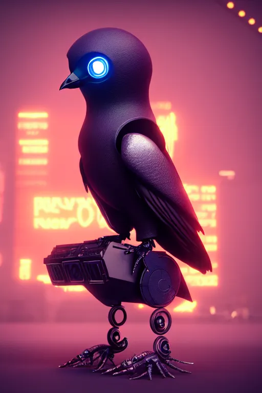 Prompt: high quality 3 d render very cute cyborg crow! incorporated speaker, cyberpunk highly detailed, unreal engine cinematic smooth, in the style of blade runner & detective pikachu, hannah yata charlie immer, moody light, low angle, uhd 8 k, sharp focus