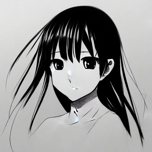 Image similar to anime girl portrait profile, black and white sketch, cellshaded, drawn in black pen, made by WLOP, trending on artstation