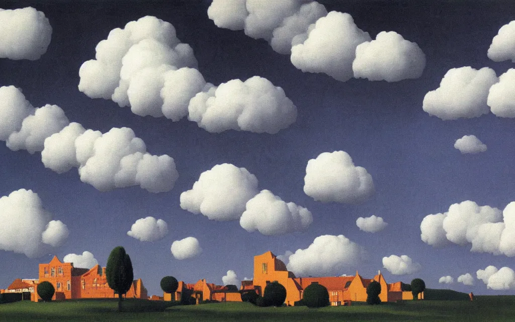 Prompt: dark clouds, detailed painting by rene magritte