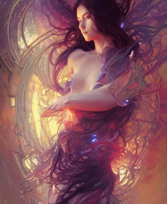 Image similar to a whirlwind of souls ushing inside the metaverse, half body, glowin eyes, d d, fantasy, intricate, elegant, highly detailed, colorful, vivid color, digital painting, artstation, concept art, art by artgerm and greg rutkowski and alphonse mucha and ruan jia