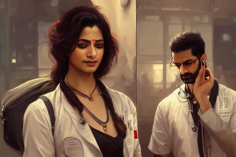 Prompt: Sensual good looking pale young Indian doctors wearing Deus Ex clothing in an airport, portrait, elegant, intricate, digital painting, artstation, concept art, smooth, sharp focus, illustration, art by artgerm and greg rutkowski and alphonse mucha