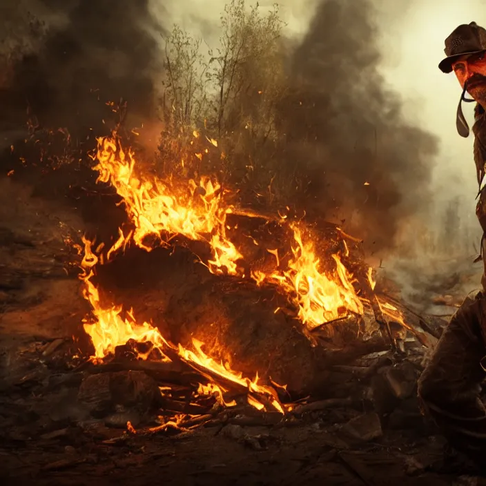 Image similar to gritty apocalyptic man smirking while dumping gas on a camp - fire, octane render, 4 k ultra hd, hyper - detailed, realistic, seedy lighting, sharp focus, fantasy dark art