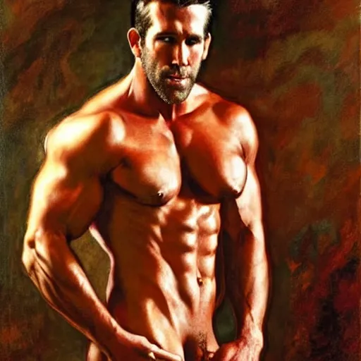 Prompt: muscular ryan reynolds putting on leather pants, painting by gaston bussiere, craig mullins, j. c. leyendecker, tom of finland