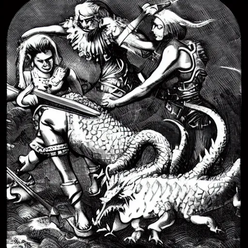 Prompt: woman barbarians slaying a silver dragon