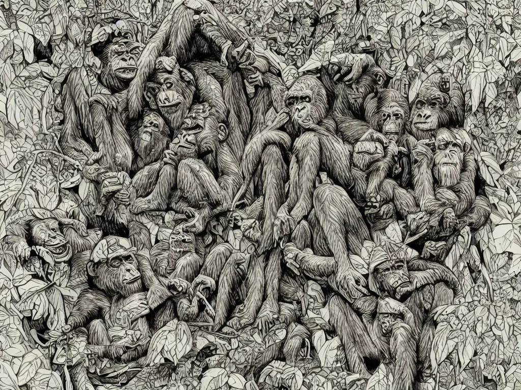 Image similar to bored ape club monkeies by Chor Boogie, intricate details, ultra detailed, 4K, award-winning, touch of M. C. Escher and Salvador Dali