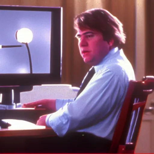 Prompt: clean - shaven chubby white man wearing a shirt and necktie sitting at a desk, 1 9 8 9 movie still, tv scan lines, cinematography, cinematic lighting