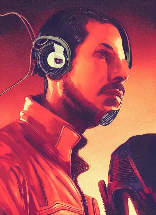 Image similar to cyberpunk character wearing jumpsuit and red jacket and cyberpunk headset. ( blade runner 2 0 4 9, dystopian, cyberpunk 2 0 7 7 character design ). attractive face. portrait by james gurney and laurie greasley, oil on canvas. cinematic, hyper realism, realistic proportions, full view, dramatic lighting, high detail 4 k