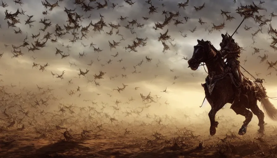 Image similar to Horseman riding through a swarm of locusts, trending on artstation, 4k