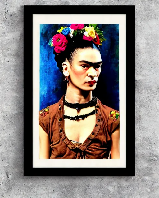 Prompt: portrait of a skinny punk frida kahlo wearing armor by simon bisley, john blance, frank frazetta, fantasy, thief warrior, floral flowers colorful