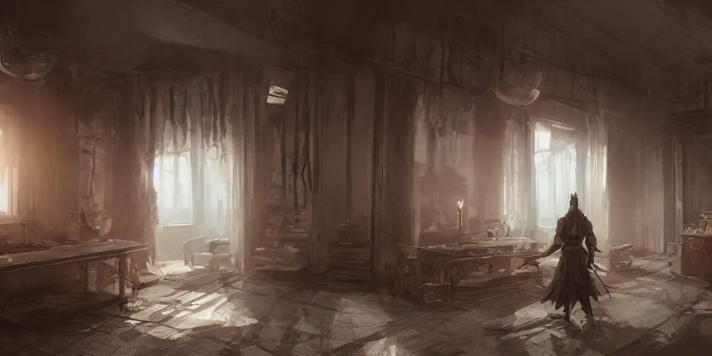 Prompt: an environmental concept art of arcane, interior, character standing with back to camera looking out window, highly detailed, environmental light, cinematic by francis tneh