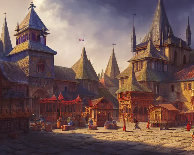 Image similar to a medieval city with temple, market, palace, tavern, beautiful, detailed, temple, market, palace, tavern, concept art illustration, color page, tone mapping, akihiko yoshida, james jean, andrei riabovitchev, marc simonetti, digital illustration, greg rutowski, volumetric lighting, sunbeams, particles