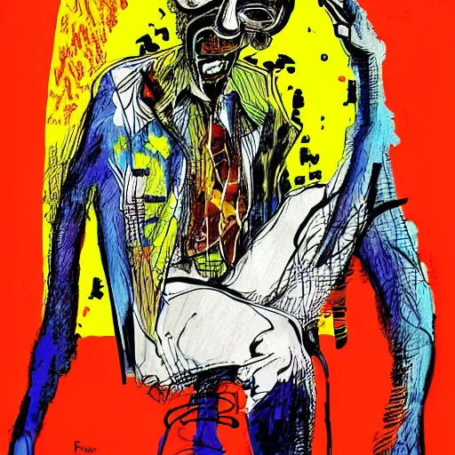 Image similar to Graphic Illustration, Creative Design, Future man, Biopunk, Full Body Portrait, Character Design, by Ralph Steadman, Francis Bacon, Hunter S Thompson