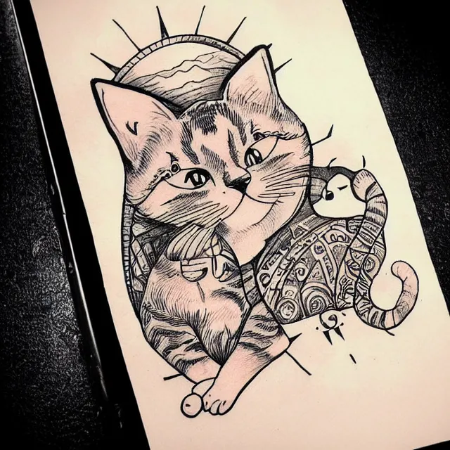 Image similar to tattoo sketch of a cat hugging the sun, on a canva, steampunk style, ornamental, line art, minimalism