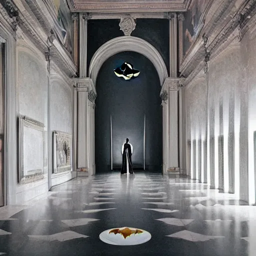 Image similar to Batman standing in giant Italian modern castle living room, clean minimalist design, that is 1300 feet tall, with very tall giant walls filled with modern art paintings, doors that are cosmic portals, photo by Annie Leibovitz