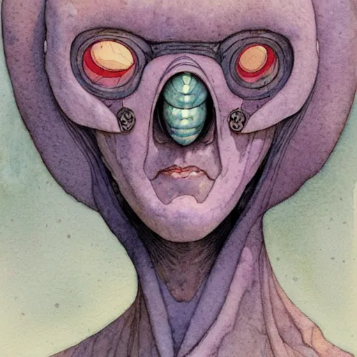 Prompt: a simple and atmospheric watercolour portrait of a pulp sci - fi alien mother bug, very muted colors, by rebecca guay, michael kaluta, charles vess and jean moebius giraud