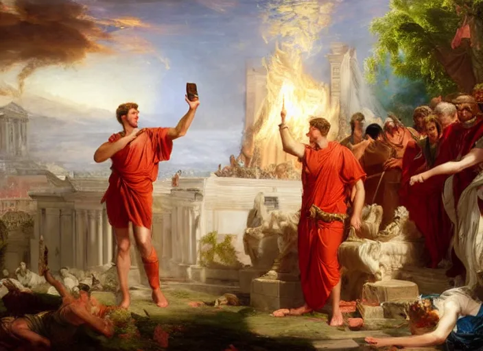 Image similar to julius caesar taking a selfie as rome burns behind him by thomas cole and vladimir volegov and alexander averin and pierre auguste cot and delphin enjolras