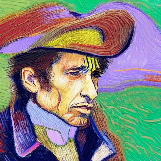 Image similar to an artistic portrait of bob dylan, high quality, studio photography, colourful, hero, heroic, beautiful, in the style of vincent van gogh