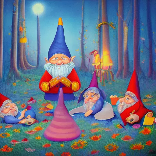 Image similar to gnome party before sunrise, a detailed painting by Meno Mühlig