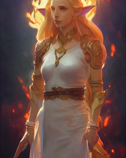 Prompt: zelda, full body photo, flames everywhere, highly detailed, digital painting, artstation, concept art, smooth, sharp focus, illustration, art by artgerm and greg rutkowski and alphonse mucha