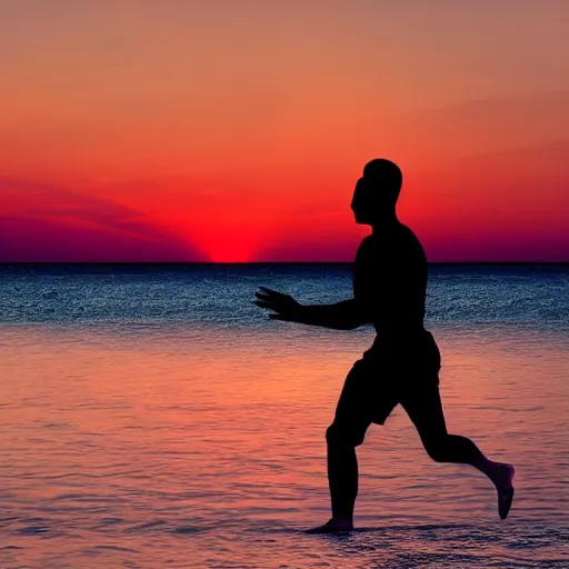 Prompt: purple sunset with a real black silhouette of a man walking on water, and high detail