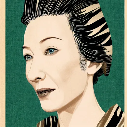 Image similar to cate blanchett in the style of japanese wood print