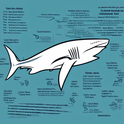 Prompt: line drawing textbook illustration shark anatomy labelled
