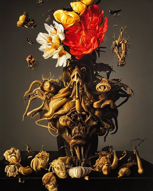 Image similar to refined gorgeous blended oil painting with black background by christian rex van minnen rachel ruysch dali todd schorr of a chiaroscuro portrait of an extremely bizarre disturbing mutated man made of still life flowers and rubber insects with shiny skin acne dutch golden age vanitas intense chiaroscuro cast shadows obscuring features dramatic lighting perfect symmetry perfect composition masterpiece