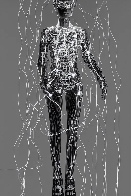 Prompt: Cyborg girl with wires and mechanisms sticking out of her body, full-length view, hyperrealism