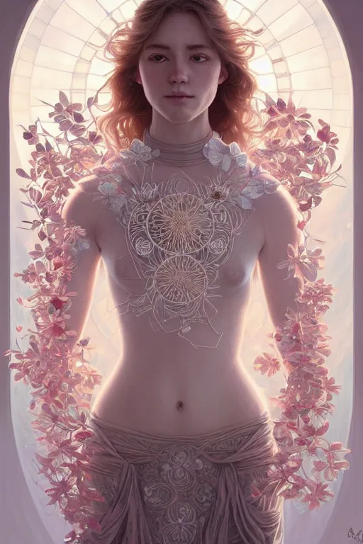 Image similar to symmetry!! full body portrait!!!! of a beautiful!!!! delicate elegant nordic shield maiden, pretty face!!!!, flower petals, intricate, elegant, highly detailed, digital painting, artstation, concept art, smooth, sharp focus, illustration, art by artgerm and greg rutkowski and alphonse mucha, 8 k