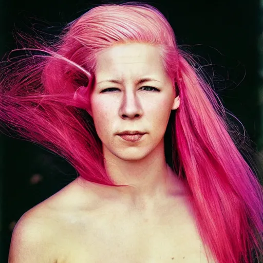 Prompt: a beautiful woman with pink hair and fair skin, portrait photograph, nikon 3 5 mm, photograph by annie leibovitz and steve mccurry,