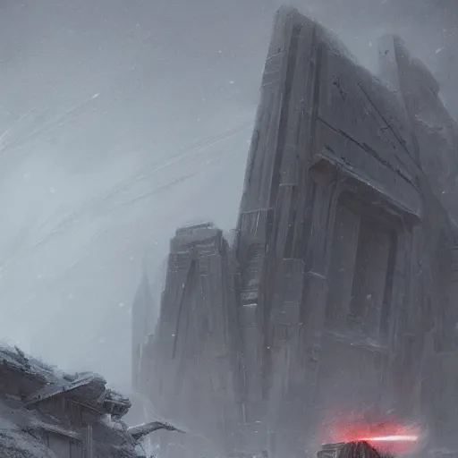 Image similar to star wars concept art by greg rutkowski, a brutalist - looking and imposing temple in the middle of a snowy, dark and hostile landscape, strong blizzards, poor lighting, evil atmosphere, artstation hq.